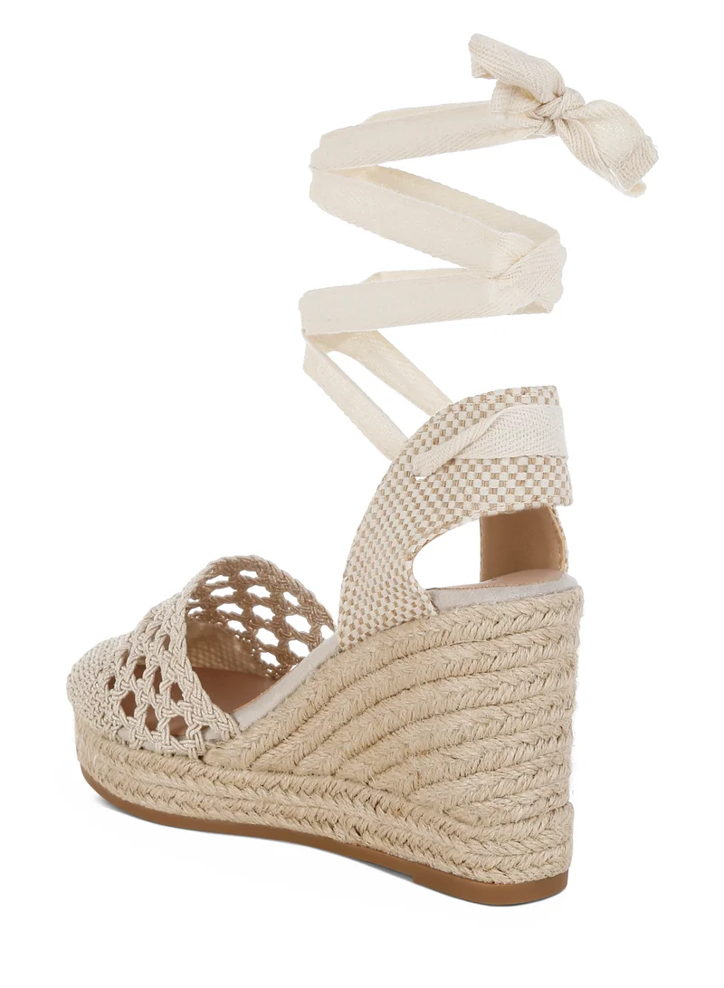 London Rag Woven Lace-Up Espadrille Wedges in Beige