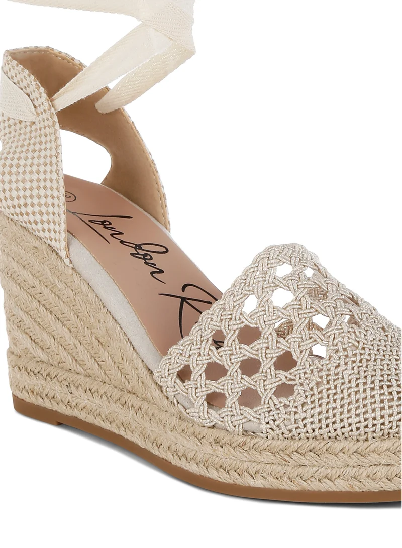 London Rag Woven Lace-Up Espadrille Wedges in Beige