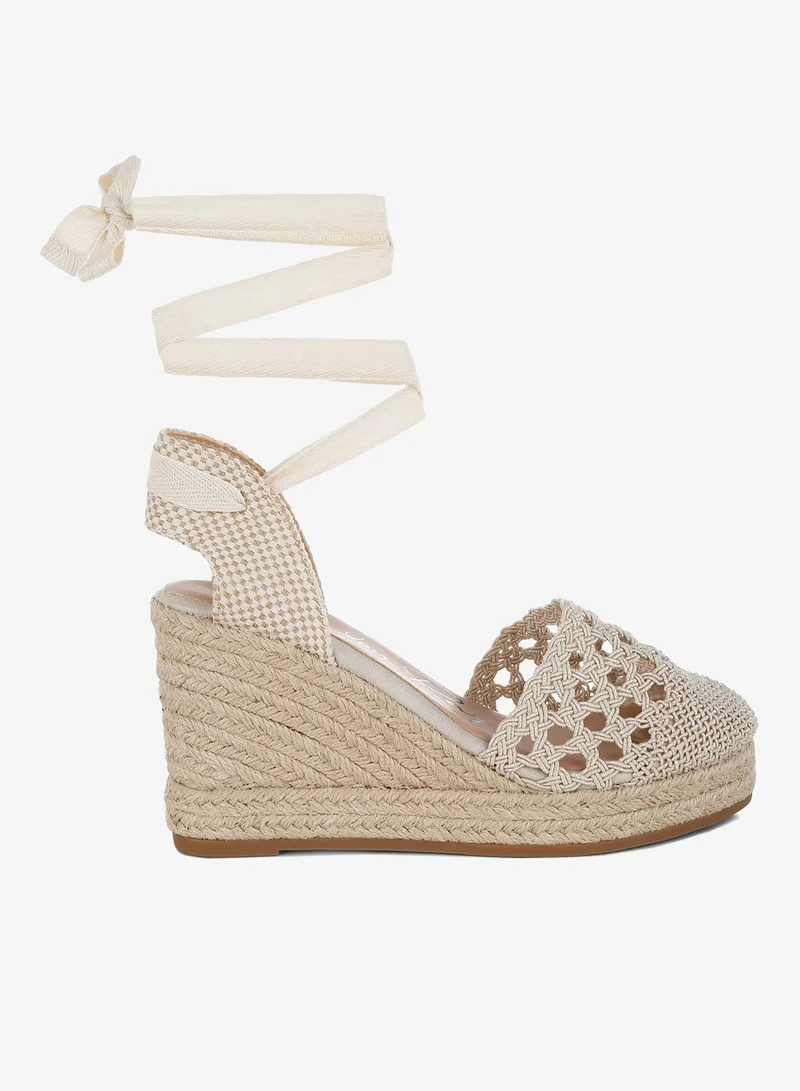 Woven Lace-Up Espadrille Wedges in Beige