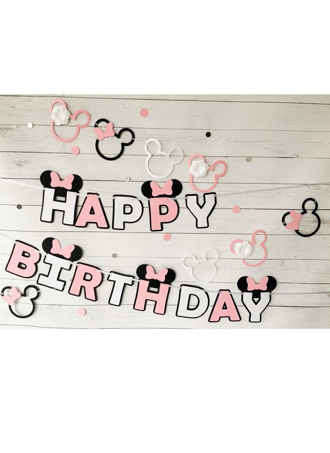 Pinfliers - Pinfliers Minnie Theme Paper Birthday Party Banner, 13 pieces, White, Black and Pink, 58 inches in Length - Image 1