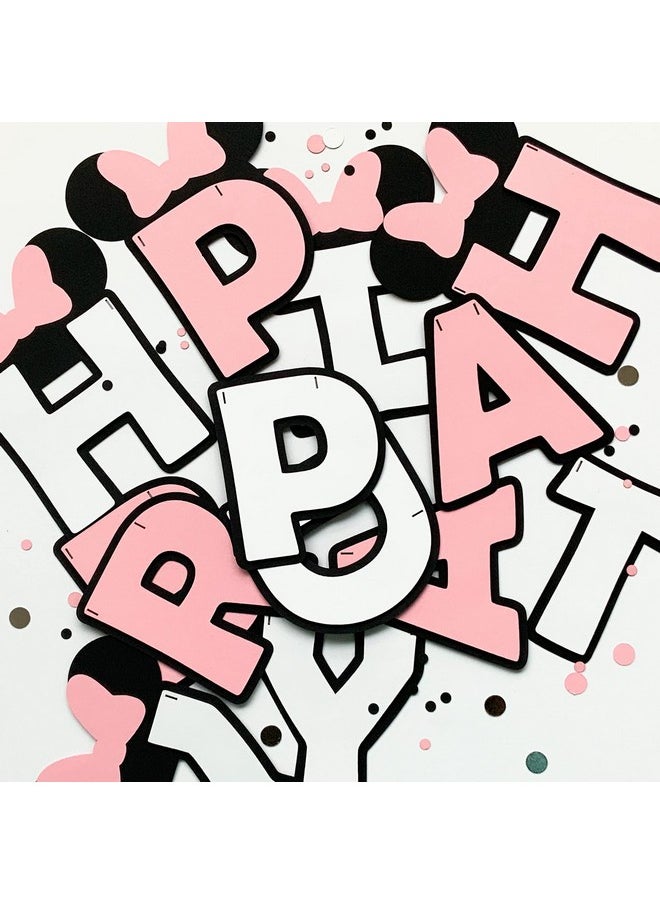 Pinfliers - Pinfliers Minnie Theme Paper Birthday Party Banner, 13 pieces, White, Black and Pink, 58 inches in Length - Image 1