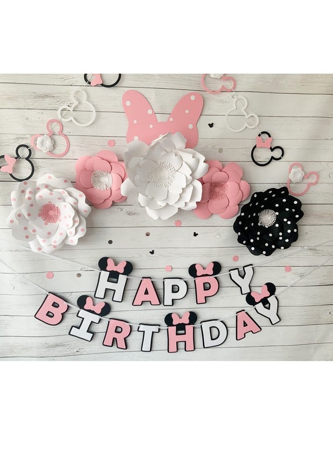 Pinfliers - Pinfliers Minnie Theme Paper Birthday Party Banner, 13 pieces, White, Black and Pink, 58 inches in Length - Image 1