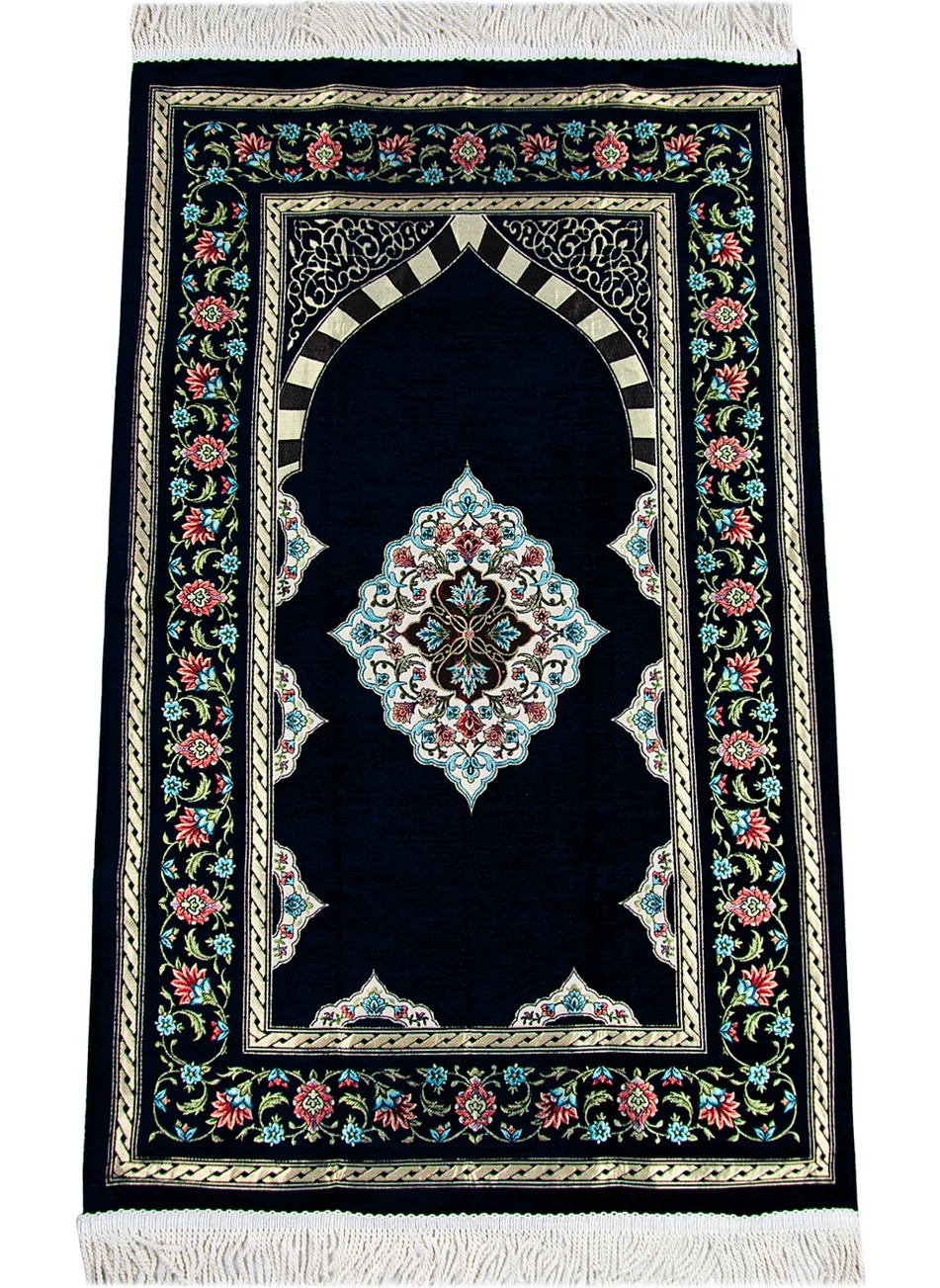 İhvan Online Dark Navy Blue Flower Motifed Mihrab Lined Chenille Prayer Rug
