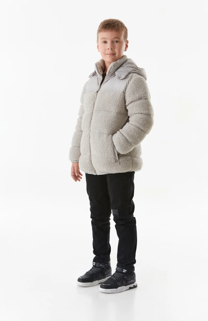 FullaModa Elastic Waist Zippered Pocket Hooded Plush Boy's Coat