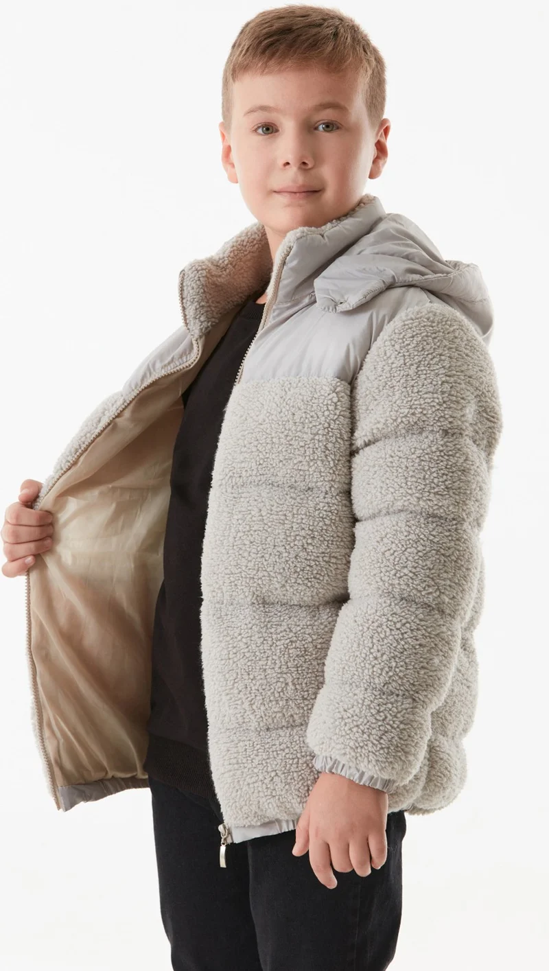FullaModa Elastic Waist Zippered Pocket Hooded Plush Boy's Coat