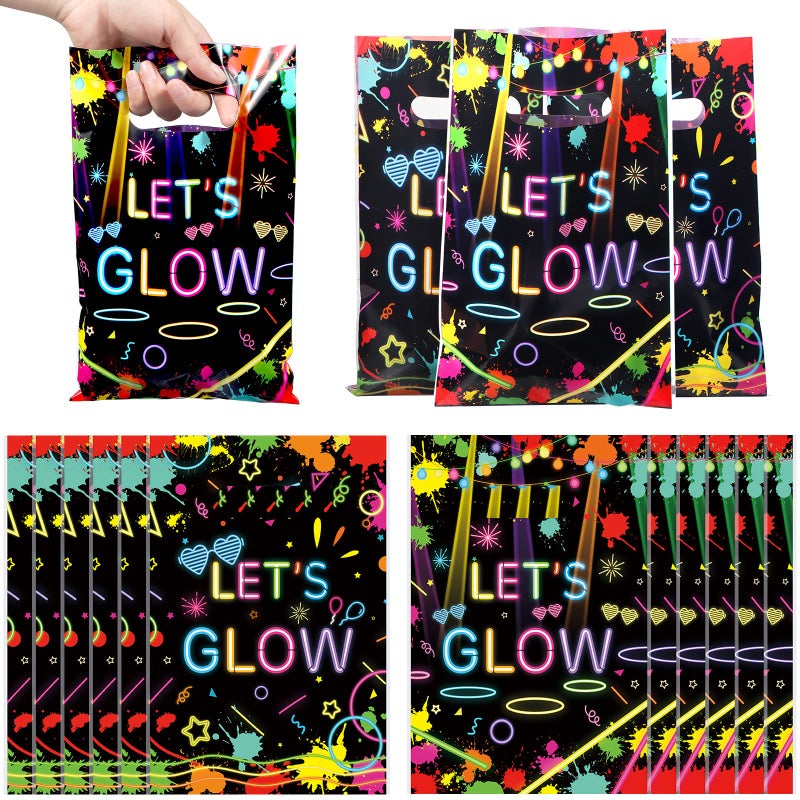 Pajean 100 Pieces Lets Glow Party Bags in the Dark Supplies Neon Goodie Candy with Die Cut Handles Theme Treat Gift for Kids Birthday Baby Shower Decorations
