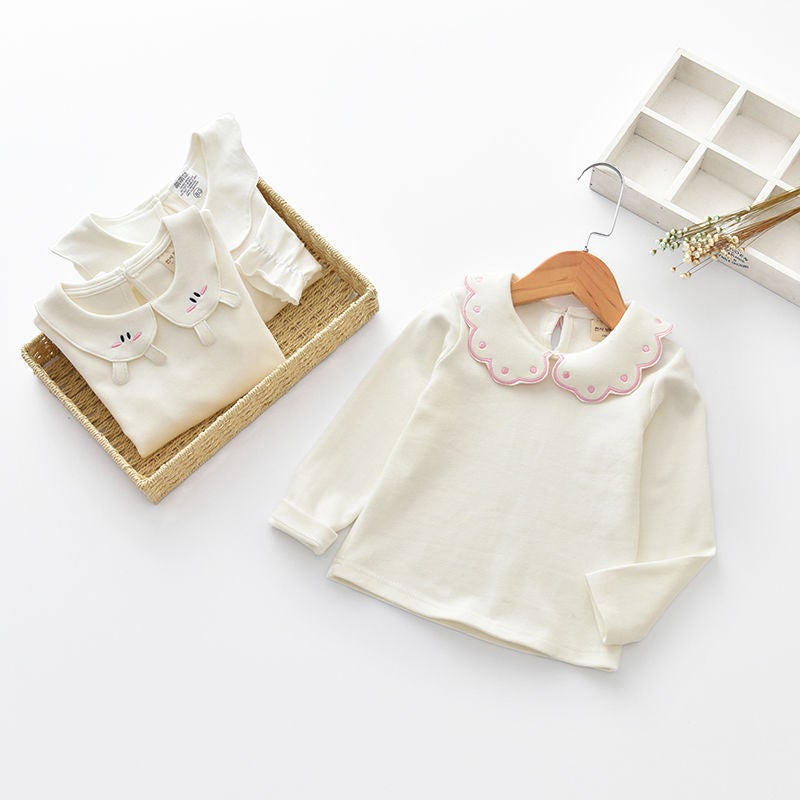 Doll Collar Bottoming Shirt T-Shirt Infant Girl Baby Cotton Baby Lapel 0-6 Years Old Long Sleeve T White Inner Wear - Image 3