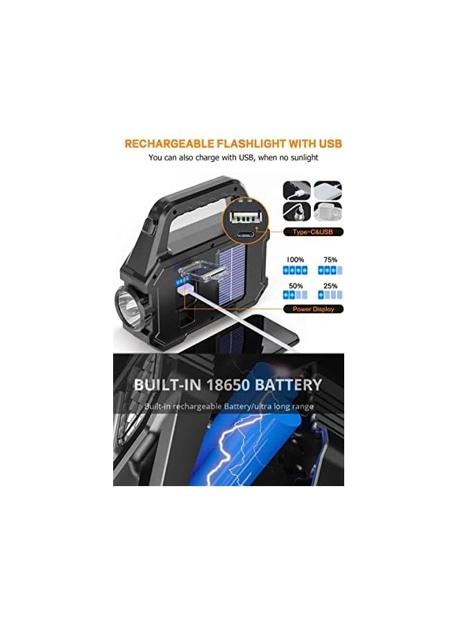 Green Tiger Solar Handheld Flashlight, 6 Modes Rechargeable LED Camping Lantern Lights, Super Bright LED Searchlight, Lightweight Waterproof Portable Spotlight Work Lights for Fishing Outdoor Camping Emergencies - Image 3