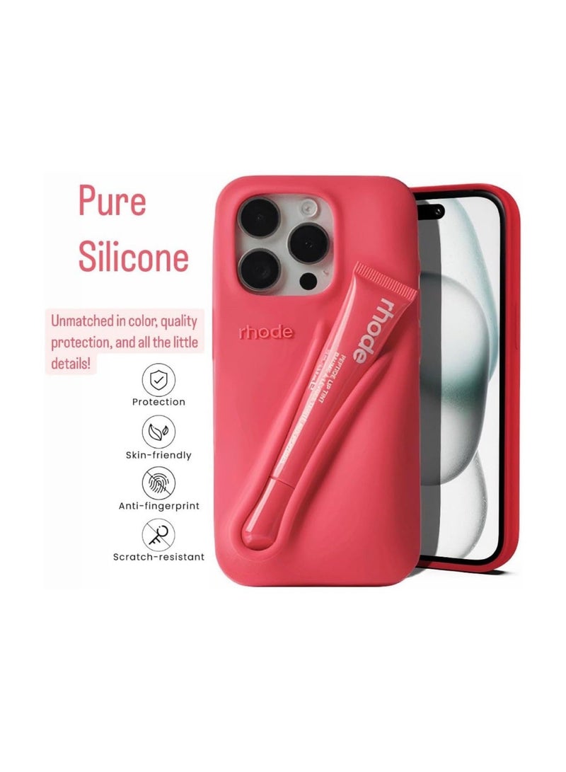 rhode Lip Gloss Phone Case with Lip Tint, For iPhone Case Liquid Silicone Camera Protection Lipstick Lip Glaze Phone Case for iPhone 16 Pro (Rose) - Image 4