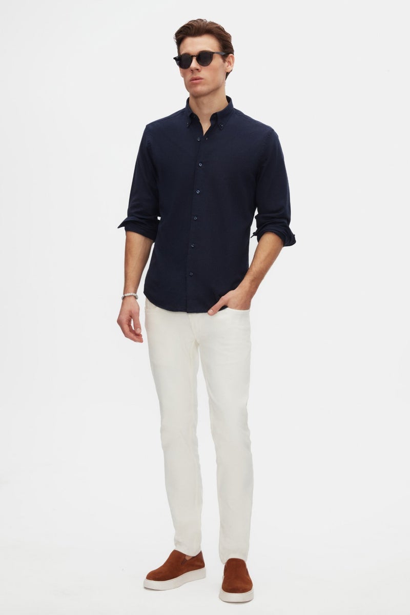 D'S DAMAT D'S Groom Ds Groom Comfort Navy Blue Button-down Collar Relaxed Cut Linen Look Cotton Shirt 2HC02ORT64265 - Image 4