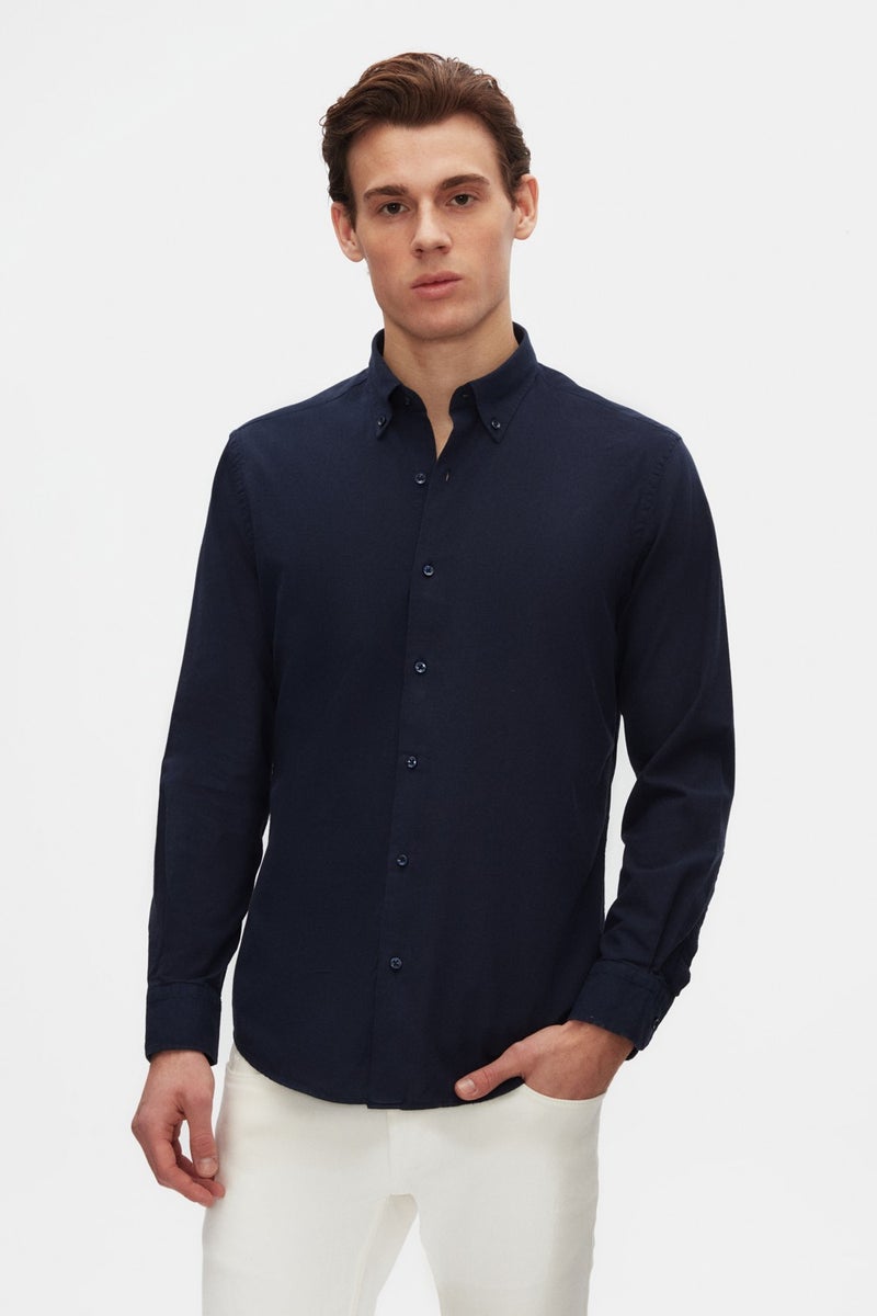 D'S DAMAT D'S Groom Ds Groom Comfort Navy Blue Button-down Collar Relaxed Cut Linen Look Cotton Shirt 2HC02ORT64265 - Image 1