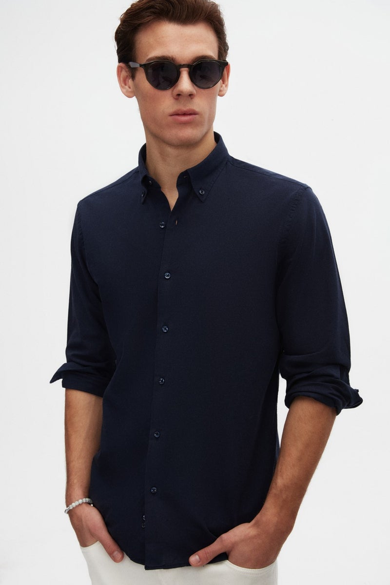 D'S DAMAT D'S Groom Ds Groom Comfort Navy Blue Button-down Collar Relaxed Cut Linen Look Cotton Shirt 2HC02ORT64265 - Image 2