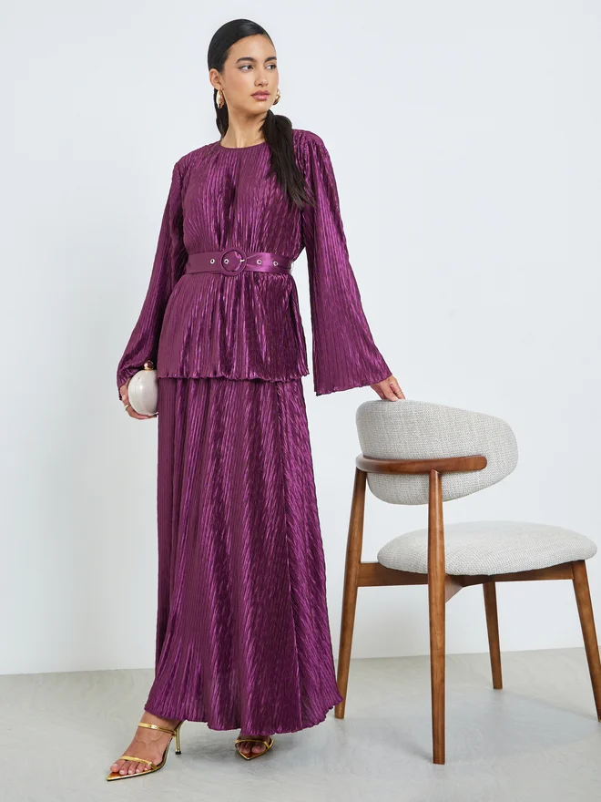 ستايلي Styli Purple Plisse Blouse with Belt