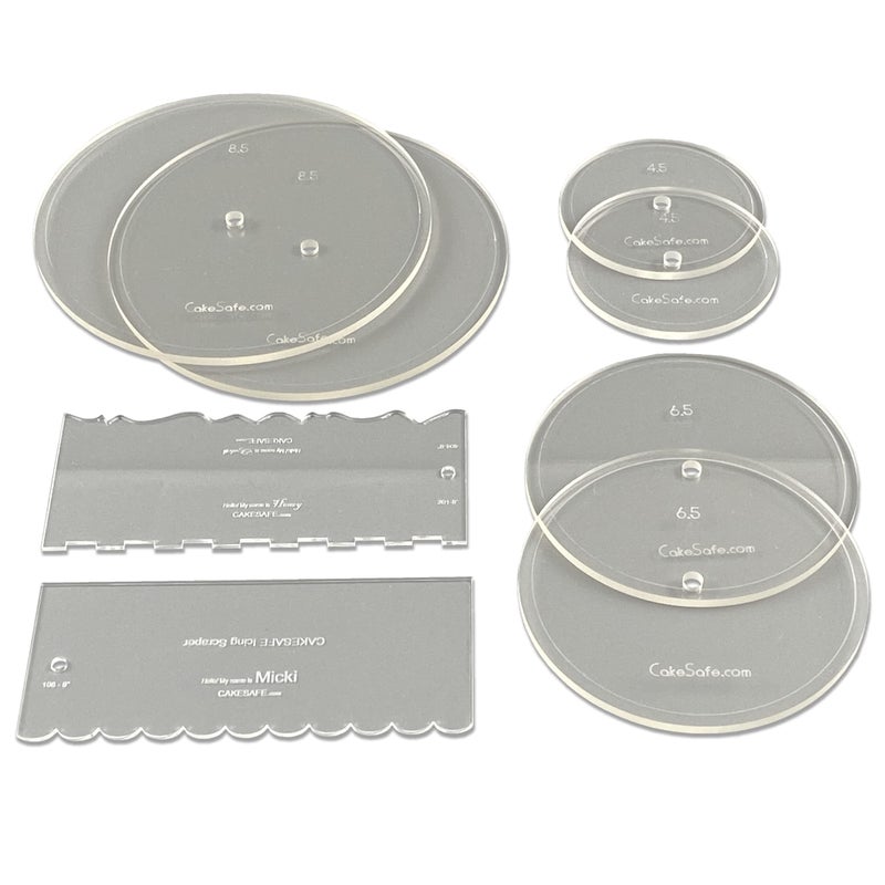 CAKESAFE Bare Necessities Cake Decorating Acrylic Disk Kit â€“ 3 Sets -Round 4.5â€, 6.5â€ and 8.5â€ Disk Sets (2 disks per size), 2-8" Icing Scrapers with 1 Scraper Edge and 3 Cake Comb Patterns - Image 1