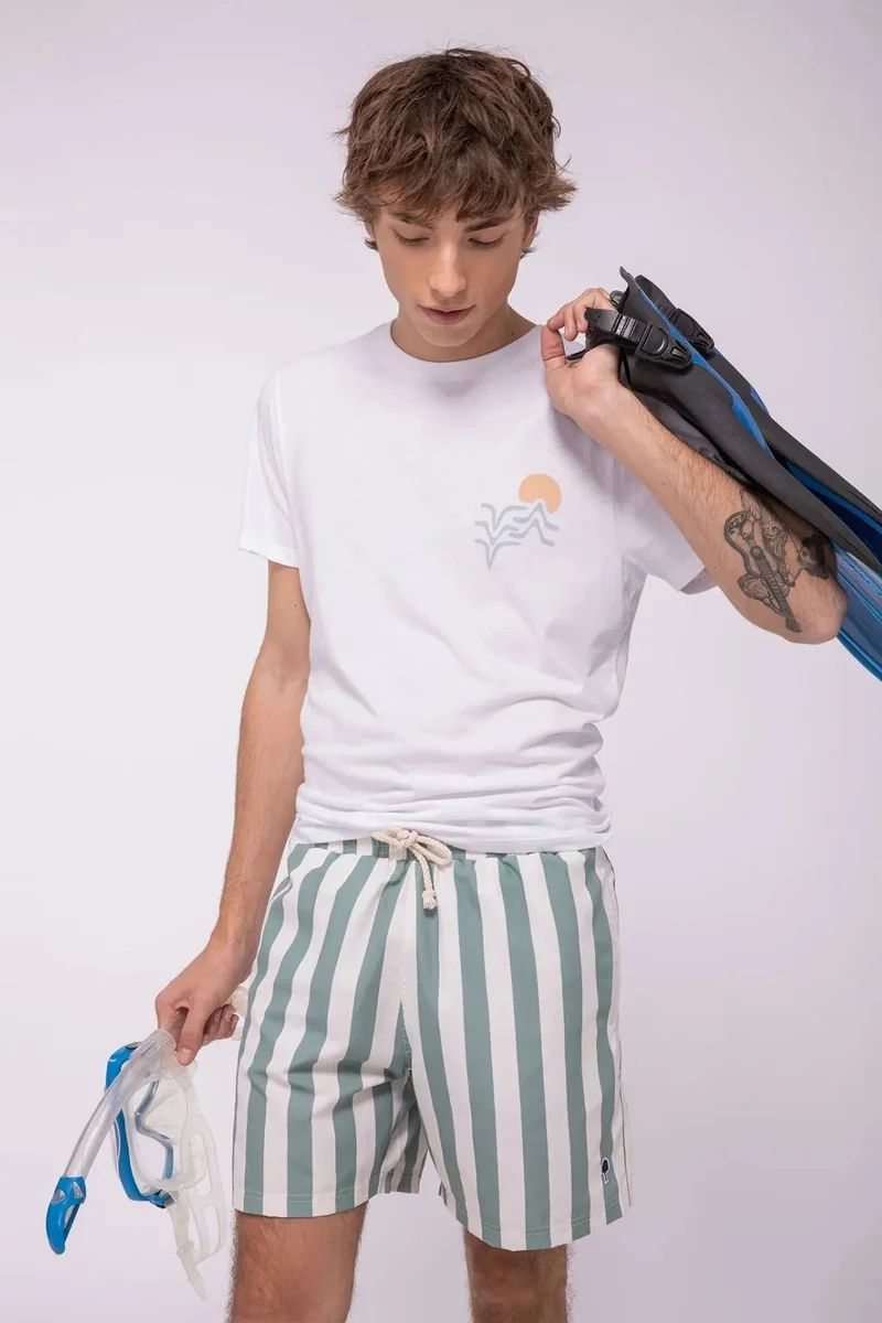 Faguo Mimizan Ecru & Green Stripes Swim Shorts