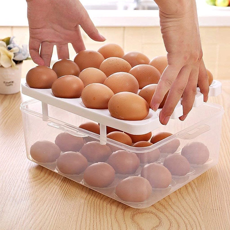 WOX MOX WOX MOX Plastic Double Layer Egg Storage Box 32 Grid Egg Holder With Tray Food Stotage Box For Fridge Egg basket with Lid MulticolorPack of 1  - Image 2