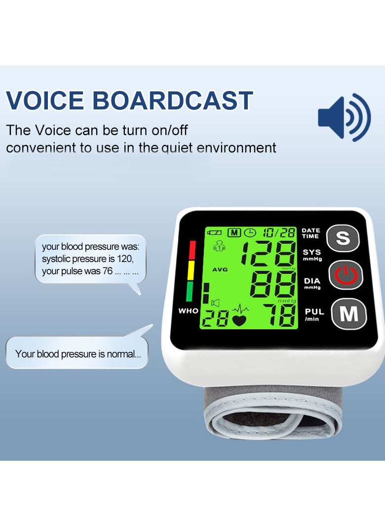 Digital Wrist Blood Pressure Monitor Adjustable Cuff Bp Detector 2x99 Readings Memory Large Display Voice Heart Rate Automatic Tensiometer - Image 2