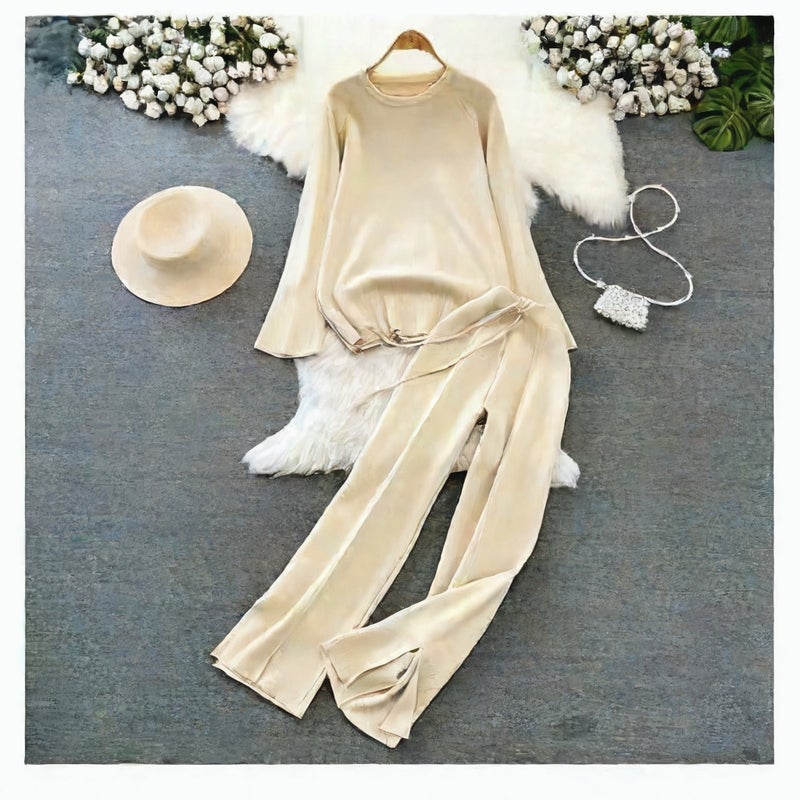 Fashion Two-Piece Knit Sweater Set with High-Waist Straight Leg Pants - Image 2