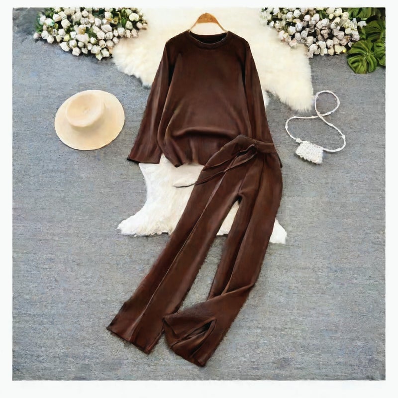 Fashion Two-Piece Knit Sweater Set with High-Waist Straight Leg Pants - Image 3