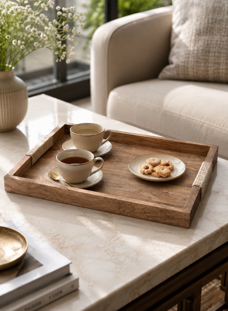 Aanya Homecraft Premium Rectangular Wood Serving Tray with Silver Handles, size: 42x30x4cm – Walnut Finish, Handcrafted Luxury Dining & Coffee Table Tray for Snacks, Drinks & Elegant Hosting, 42 cm - Image 4