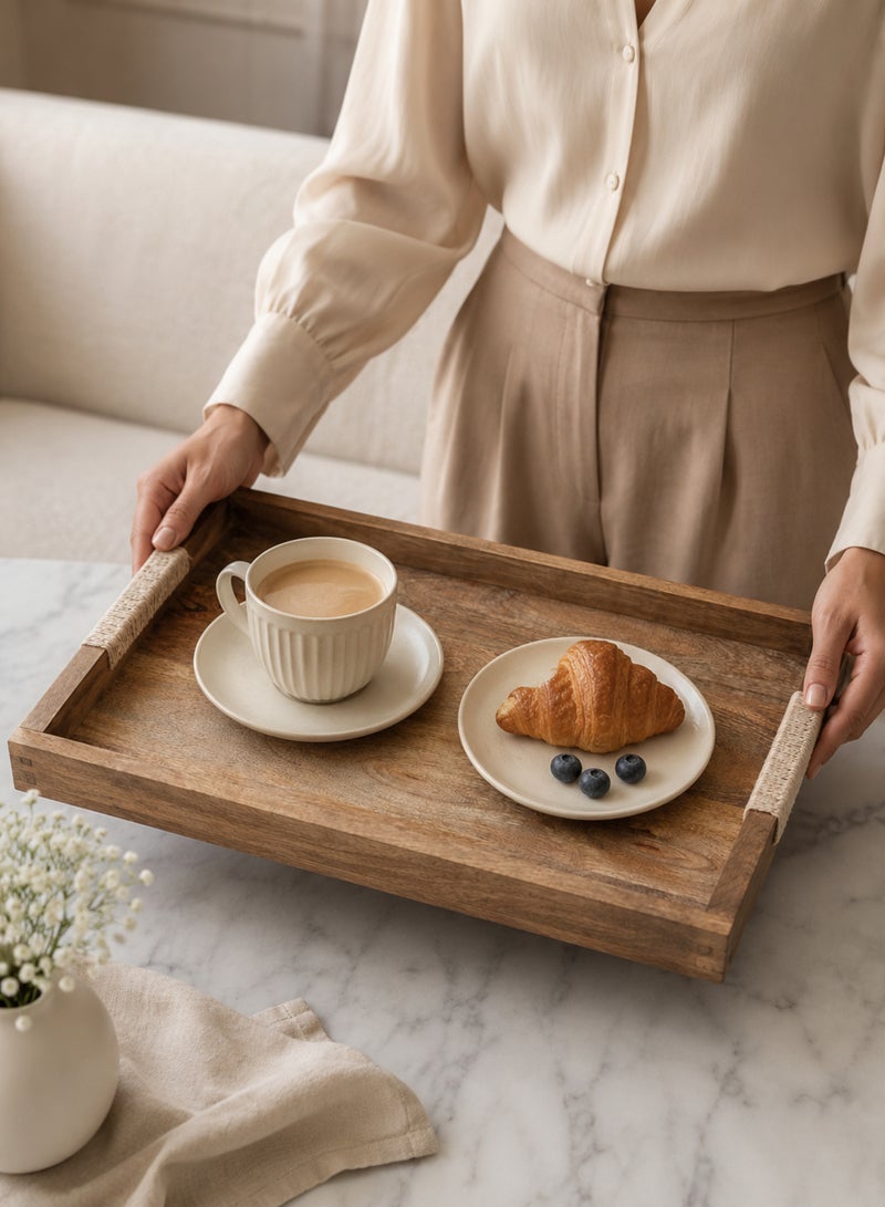 Aanya Homecraft Premium Rectangular Wood Serving Tray with Silver Handles, size: 42x30x4cm – Walnut Finish, Handcrafted Luxury Dining & Coffee Table Tray for Snacks, Drinks & Elegant Hosting, 42 cm - Image 3
