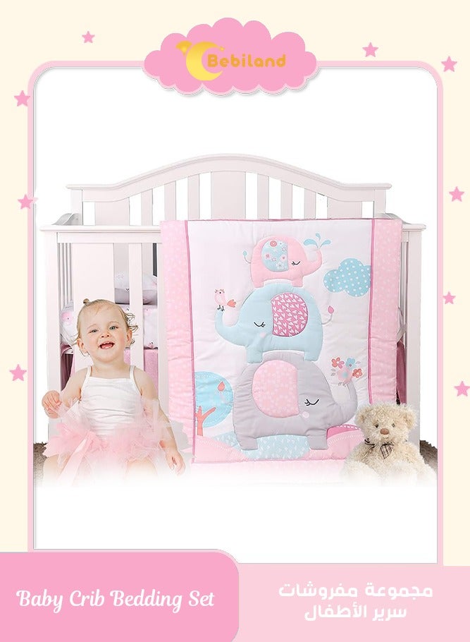 بيبي لاند طقم مفارش لسرير الاطفال مكون من 3 قطع بتصميم فيل لون زهري سرير لحجرة نوم مع لحاف ملاءة ملائمة وملاءة البنات البوليستر - Image 1