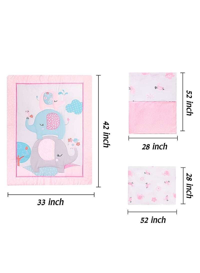 بيبي لاند طقم مفارش لسرير الاطفال مكون من 3 قطع بتصميم فيل لون زهري سرير لحجرة نوم مع لحاف ملاءة ملائمة وملاءة البنات البوليستر - Image 2