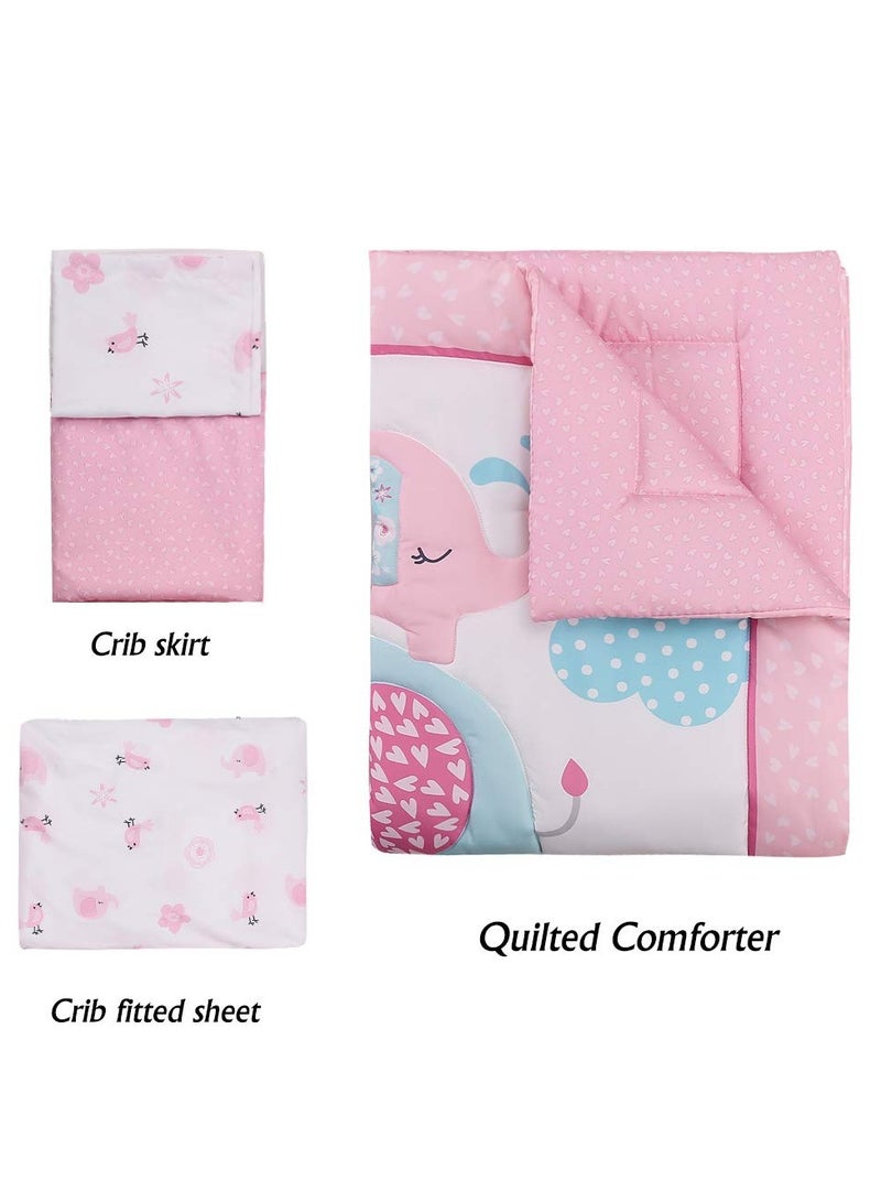 بيبي لاند طقم مفارش لسرير الاطفال مكون من 3 قطع بتصميم فيل لون زهري سرير لحجرة نوم مع لحاف ملاءة ملائمة وملاءة البنات البوليستر - Image 3