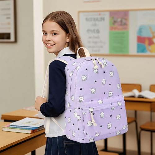 JIANYA Girls Backpack for School, Elementary Kids Backpack with Lunch box Cute Cat School Bag for Girl, Purple - Image 2