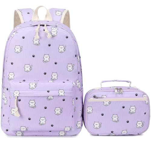 JIANYA Girls Backpack for School, Elementary Kids Backpack with Lunch box Cute Cat School Bag for Girl, Purple - Image 1
