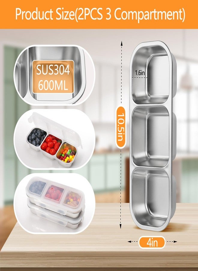 PTYTIFY Stainless Steel Snack Containers with Lids, 2 Pack Grab and Go Metal Snack Containers, 3 Compartment Reusable Stainless Steel Snack Box for Food Lunch Meal Prep (3 Compartment 2 PCS) - Image 2