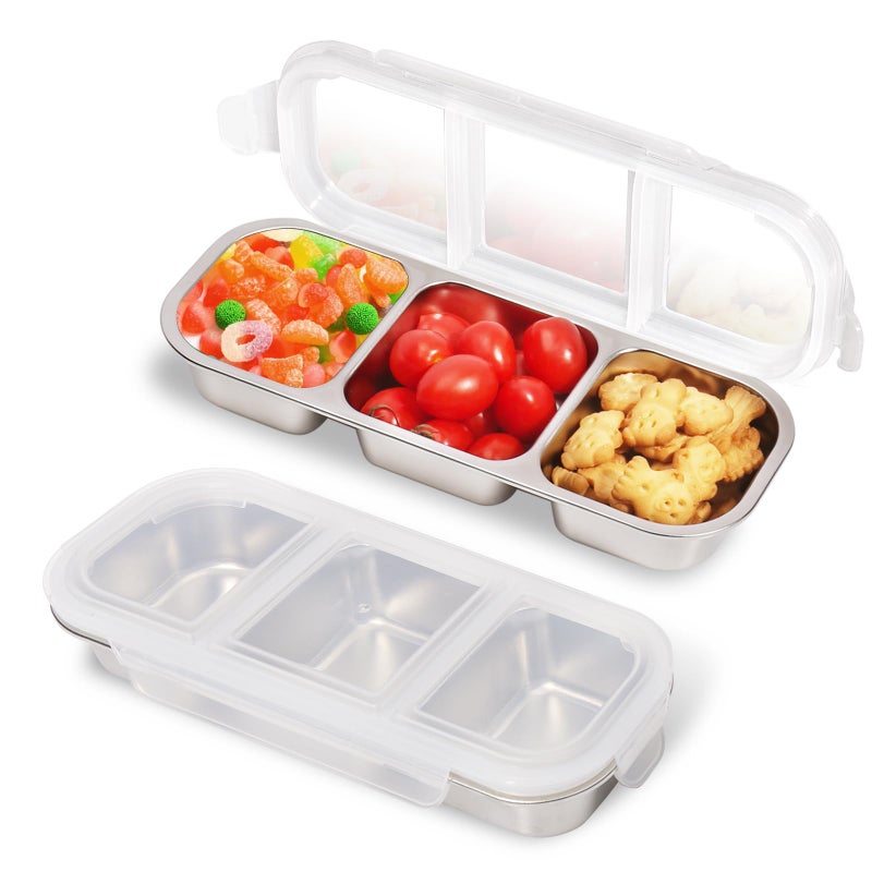 PTYTIFY Stainless Steel Snack Containers with Lids, 2 Pack Grab and Go Metal Snack Containers, 3 Compartment Reusable Stainless Steel Snack Box for Food Lunch Meal Prep (3 Compartment 2 PCS) - Image 1