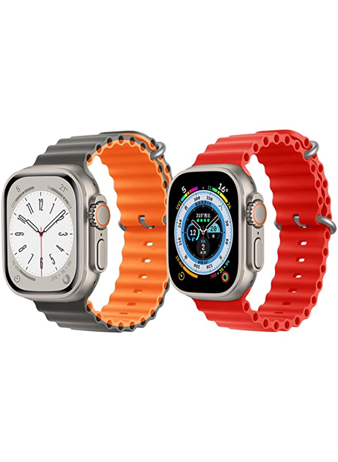IAF Silicone Ocean Band Strap for Apple Watch Ultra 8 49mm Gray/Orange Double Side Strap with Red Single Color Strap Set of 2
