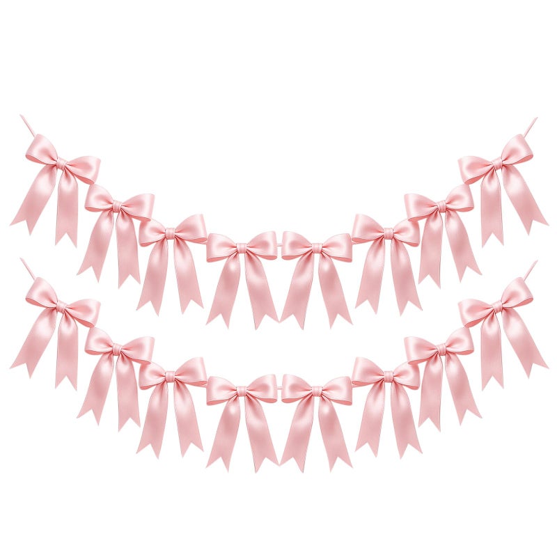 EONSUI 2 Strings of 16PCS Pink Bow Garlands Banner Decoration,Pre-Strung Satin Ribbon Ornaments for Birthday,Bachelorette Party,Bridal Shower, Wedding,Engagement,Baby Shower, Graduation Deco,Anniversary - Image 1
