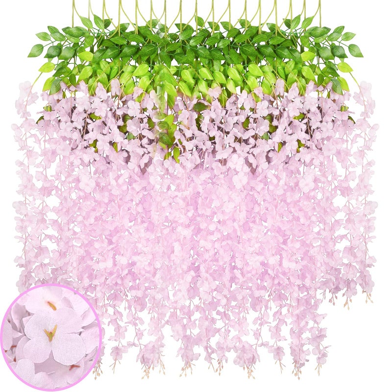Luerbi 24 Pack Pink Wisteria Hanging Flowers Garland  3.77 Feet Pink Artificial Wisteria Flower Vines  Fake Pink Wisteria  Pink Flower Vines for Backdrop  Pink Trailing Flower  Pink Hanging Flower Decor - Image 1