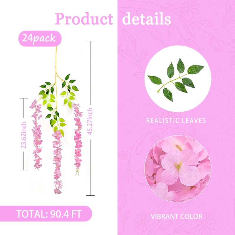 Luerbi 24 Pack Pink Wisteria Hanging Flowers Garland  3.77 Feet Pink Artificial Wisteria Flower Vines  Fake Pink Wisteria  Pink Flower Vines for Backdrop  Pink Trailing Flower  Pink Hanging Flower Decor - Image 2