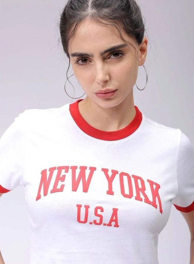 Freehand Women Slim Fit Typography Printed Crew Neck Short Sleeve Cropped T-Shirt