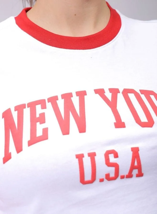 Freehand Women Slim Fit Typography Printed Crew Neck Short Sleeve Cropped T-Shirt