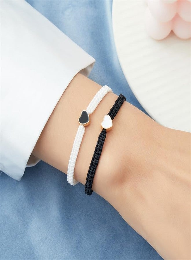 ZMANYIJEW Set of 2 Colorful Heart Matching Bracelets,Adjustable Couple Bracelets set,Long Distance Bracelets for Partners,Valentine's Day Bracelets (black+white) - Image 2