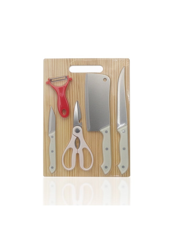 Royalford 6pcs Deluxe Kitchen Cutting Set RF12943 Stainless Steel Blades with PP Handle Wooden Cutting Board Peeler Non-Stick Non-Slip Stainless Steel Chef Knife Set - Image 1