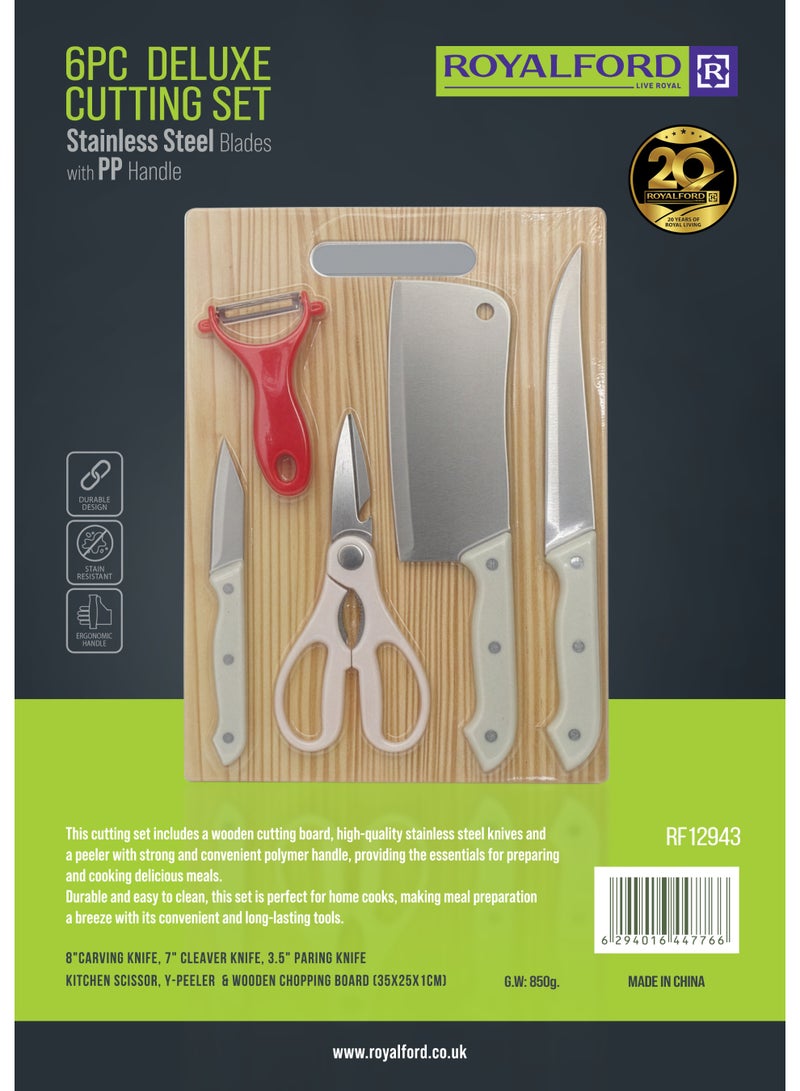 Royalford 6pcs Deluxe Kitchen Cutting Set RF12943 Stainless Steel Blades with PP Handle Wooden Cutting Board Peeler Non-Stick Non-Slip Stainless Steel Chef Knife Set - Image 2