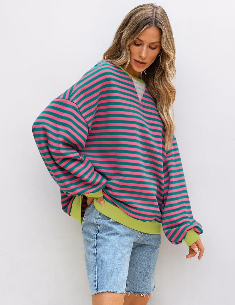 UEU Womens Striped Oversized Crewneck Casual Long Sleeve Color Block Loose Pullover Top Pink Green Striped Large - Image 4