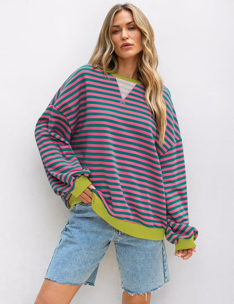 UEU Womens Striped Oversized Crewneck Casual Long Sleeve Color Block Loose Pullover Top Pink Green Striped Large - Image 2