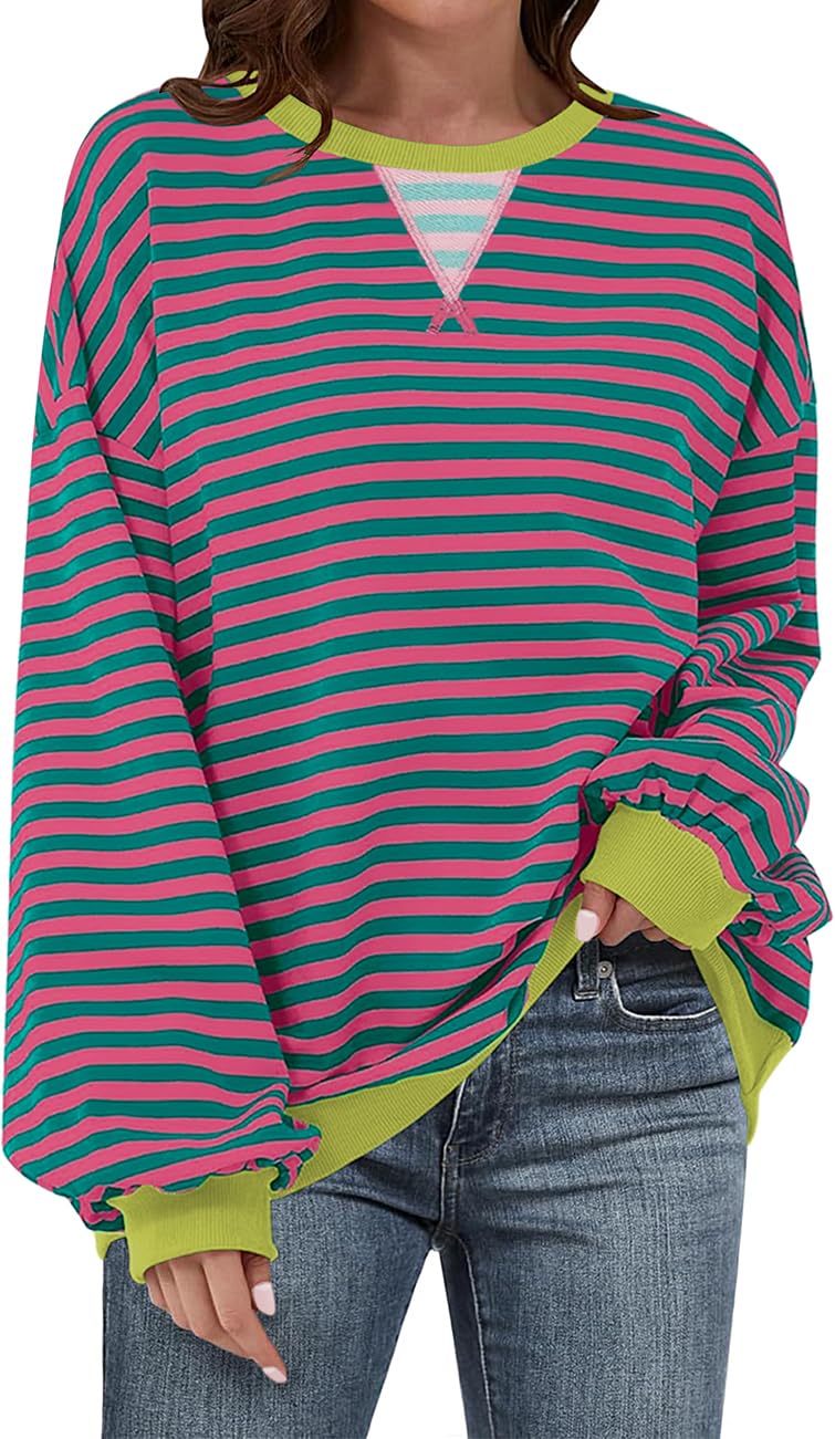 UEU Womens Striped Oversized Crewneck Casual Long Sleeve Color Block Loose Pullover Top Pink Green Striped Large - Image 1