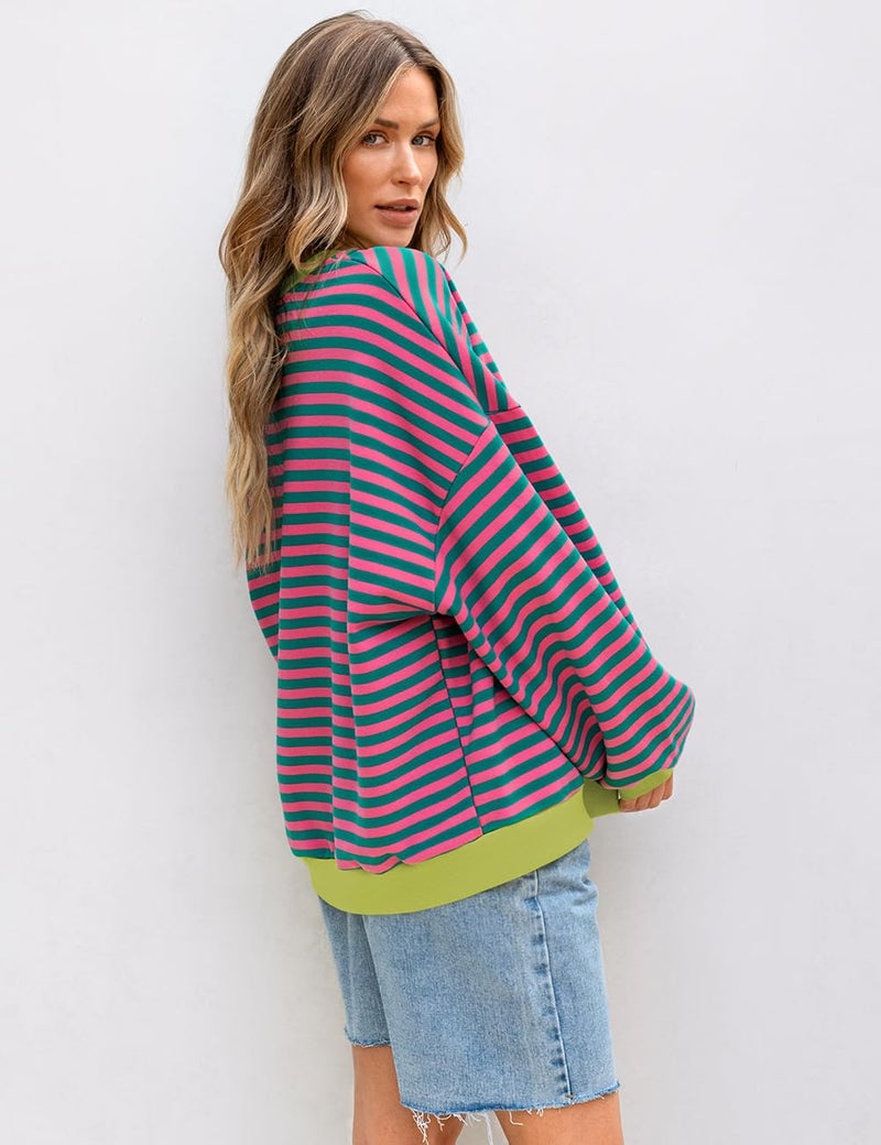 UEU Womens Striped Oversized Crewneck Casual Long Sleeve Color Block Loose Pullover Top Pink Green Striped Large - Image 5