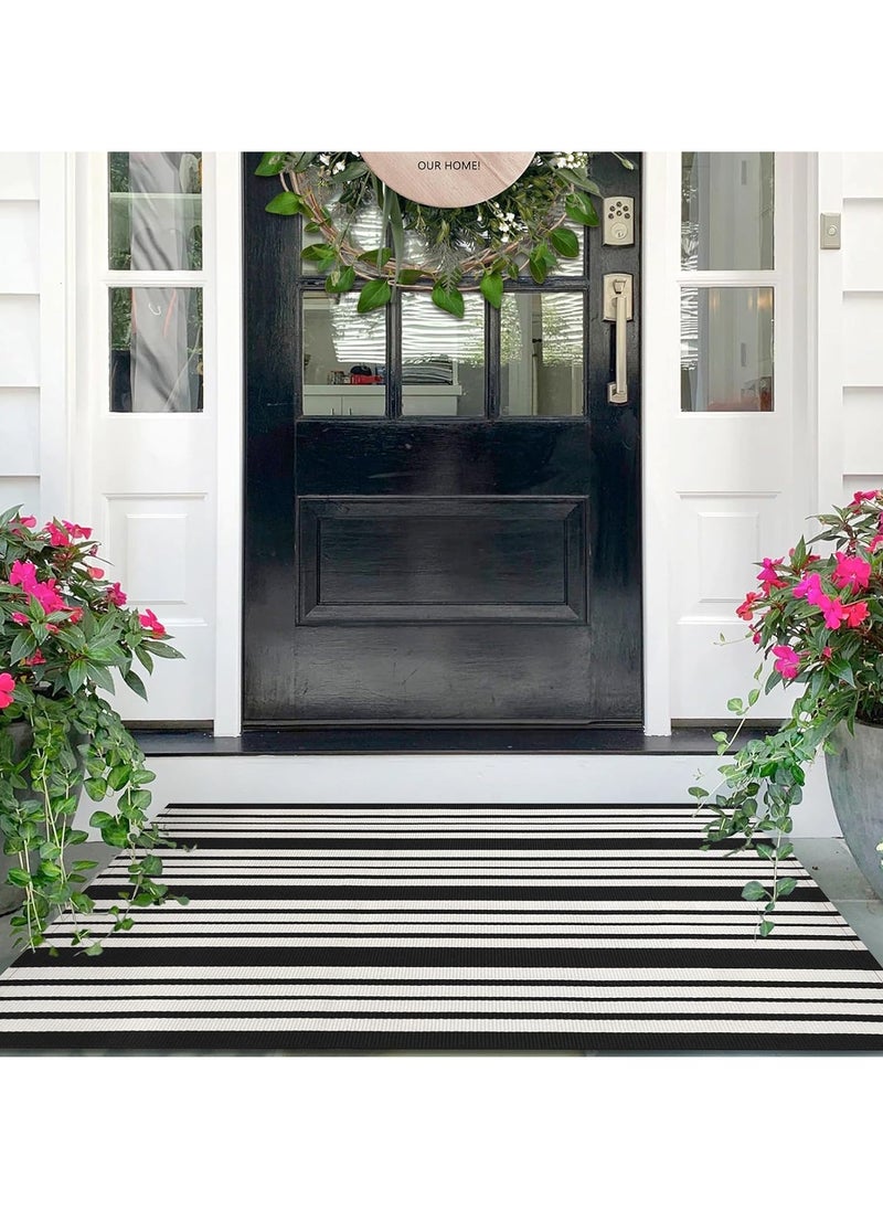 Generic 40*60cm Plain Plaid Floor Mat Home Porch Carpet Festive Atmosphere Decorative Carpet Washable Woven Outdoor Indoor Welcome Mat Suitable for Front Door/Farmhouse/Entrance/Home Entrance Outdoor Carpet (Black and white horizontal stripes)  - Image 5