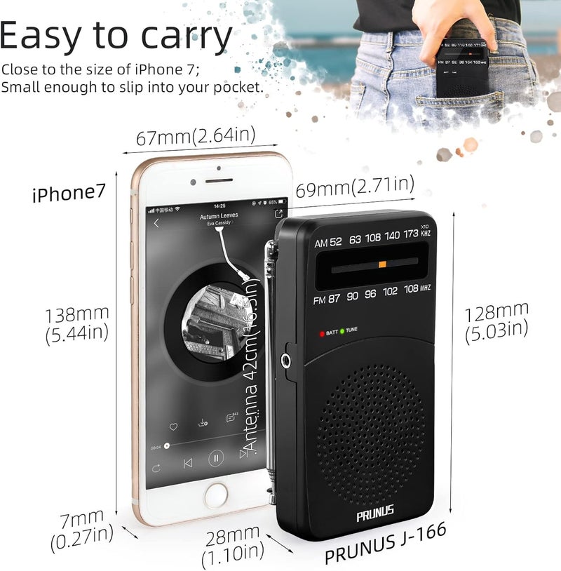 PRUNUS J-166 Portable Radio AM FM, Battery Operated with Tuning Light, Back Clip, Excellent Reception, AM FM Portable, Transistor(Black) - Image 4
