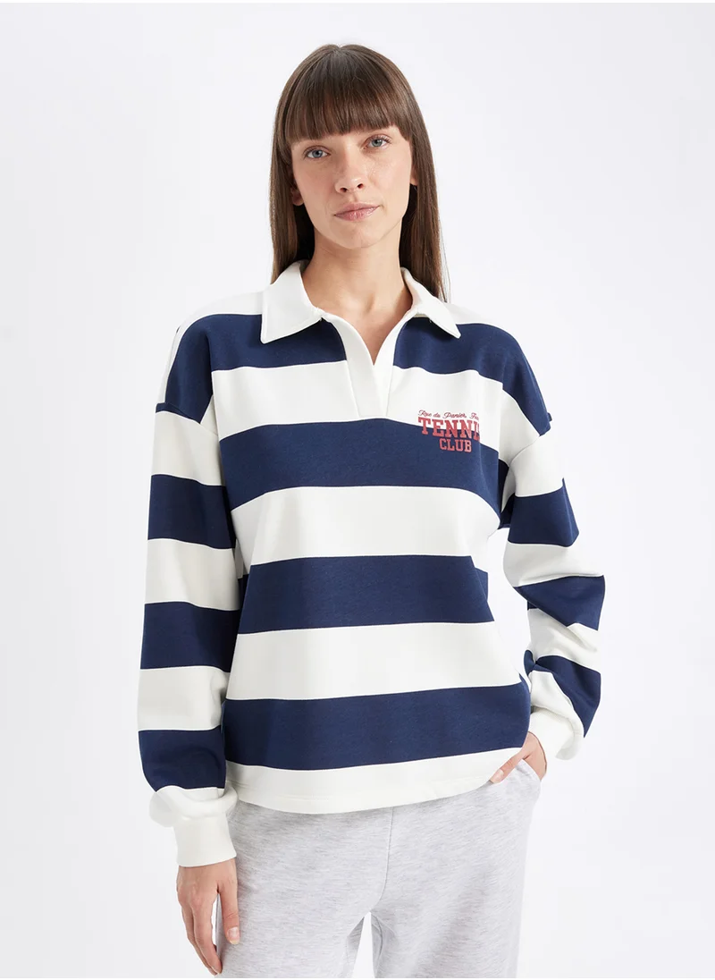 ديفاكتو Relax Fit Polo Neck Striped Thick Fabric Sweatshirt