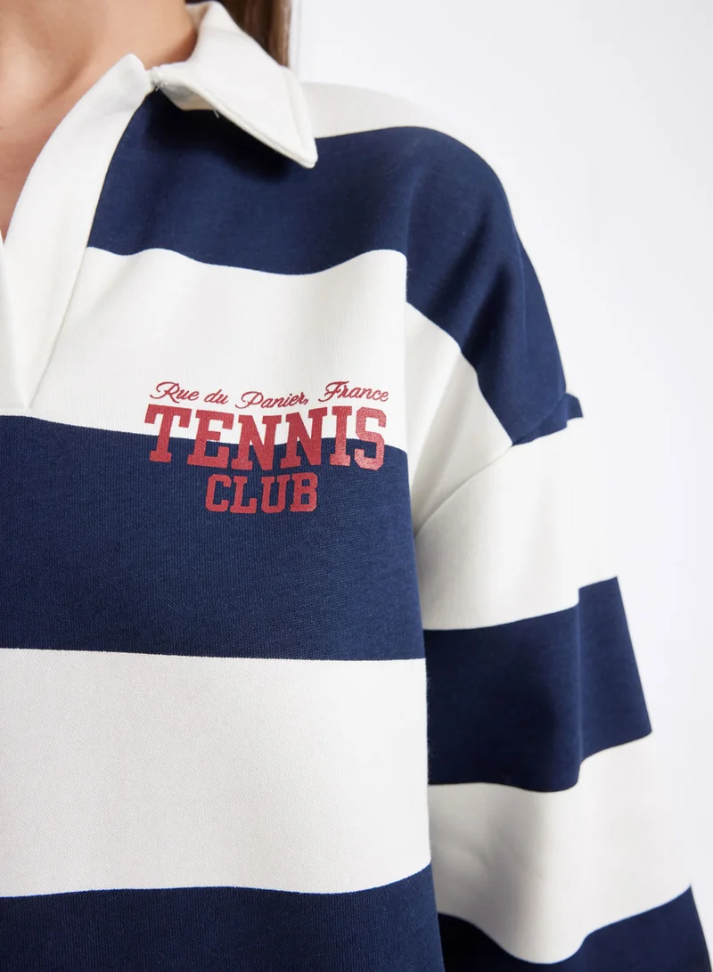 DeFacto Relax Fit Polo Neck Striped Thick Fabric Sweatshirt