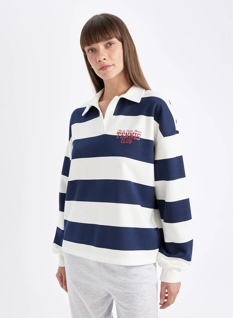DeFacto Relax Fit Polo Neck Striped Thick Fabric Sweatshirt